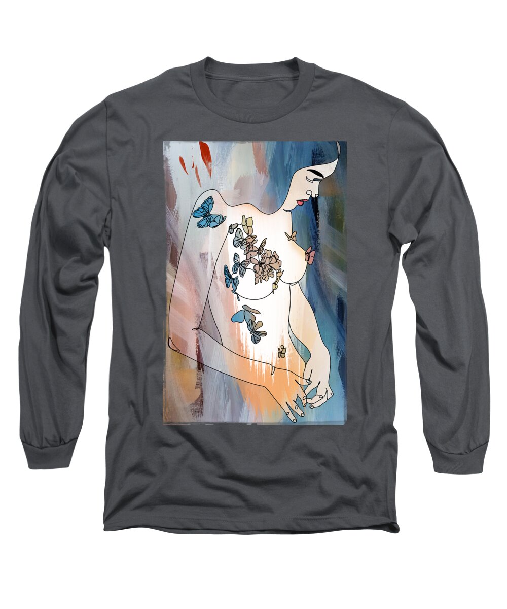 Nude Abstractive Long Sleeve T-Shirt featuring the painting What Do I Do by Mark Ashkenazi