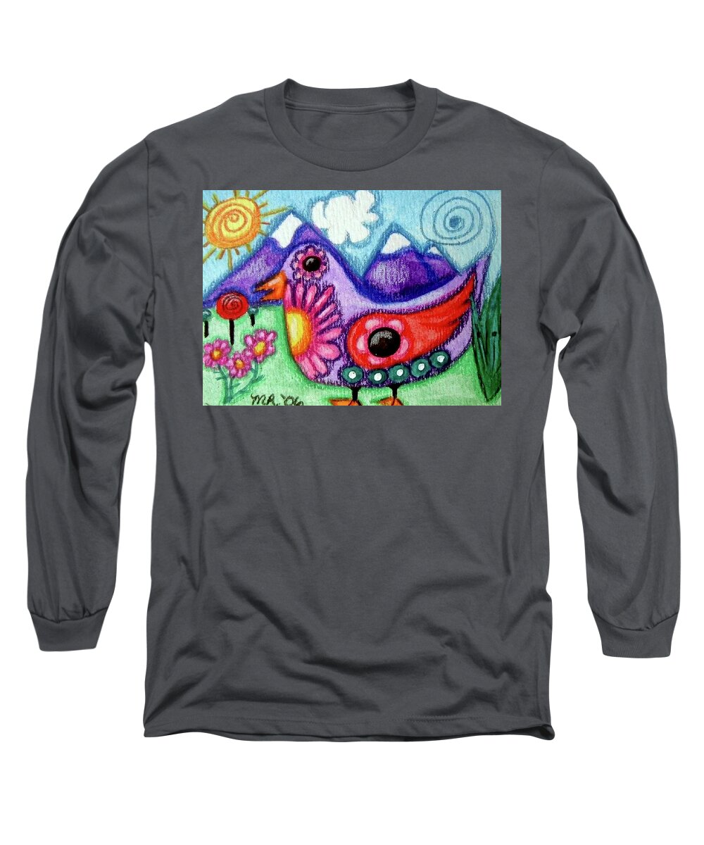 Whimsical Long Sleeve T-Shirt featuring the painting Whimsical Bird by Monica Resinger