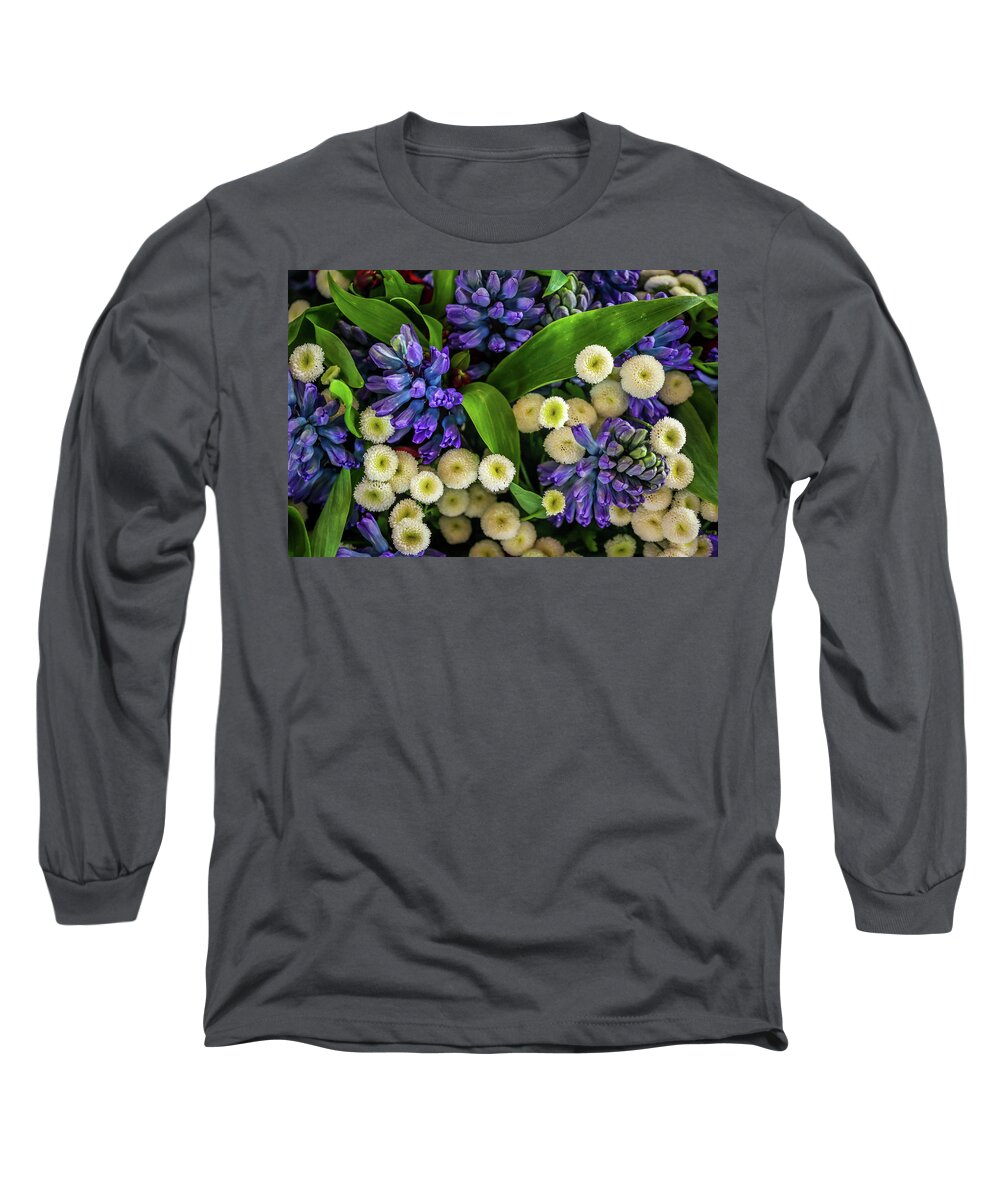 White Long Sleeve T-Shirt featuring the photograph White Poms and Purple Hyacinth by Susie Weaver