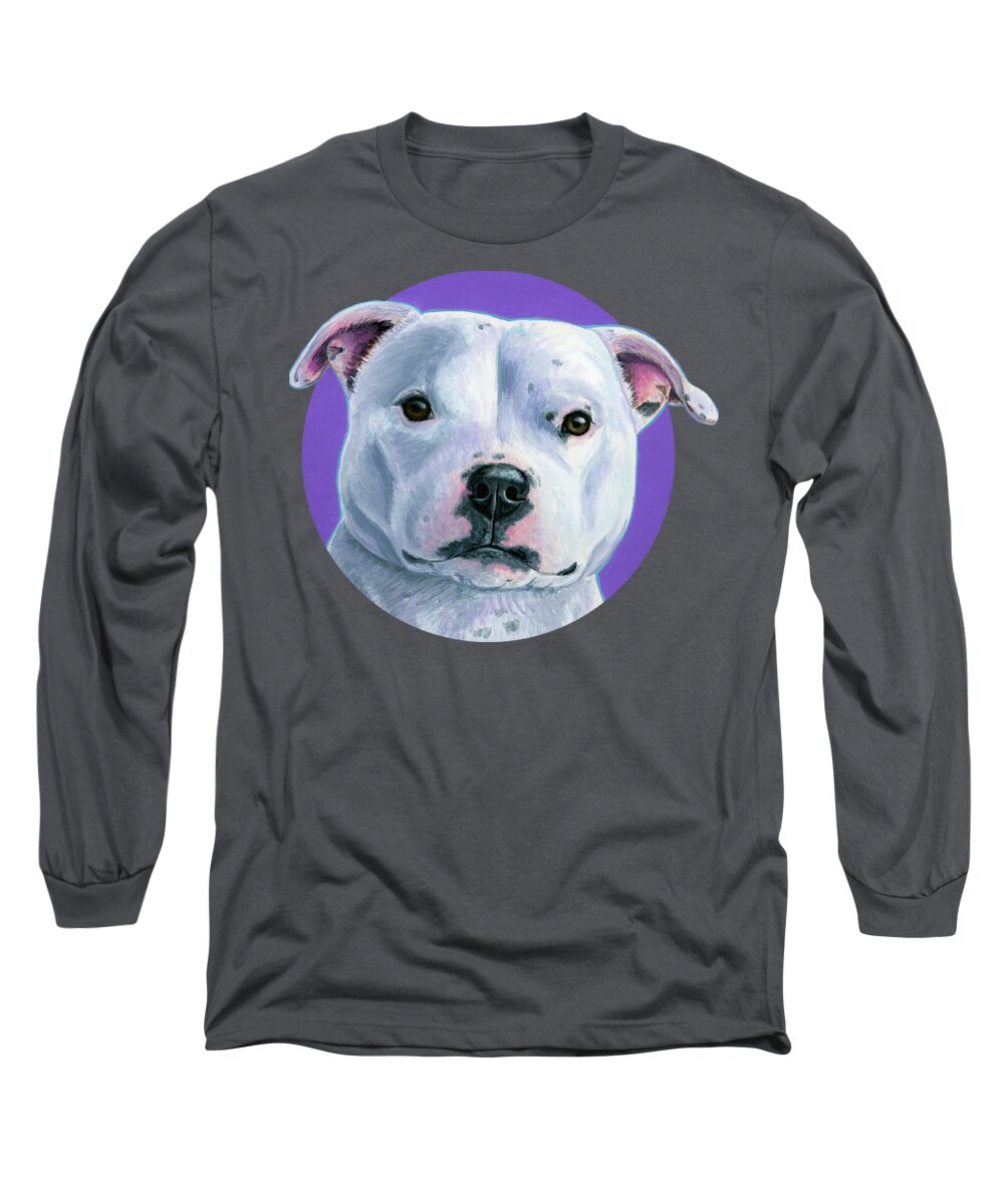 Staffordshire Bull Terrier Long Sleeve T-Shirt featuring the painting White Staffordshire Bull Terrier Dog by Rebecca Wang