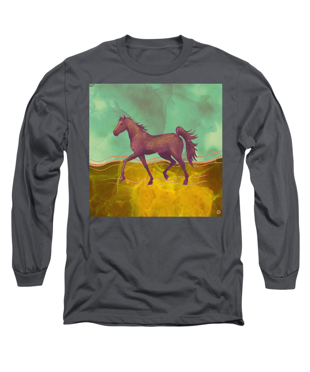 Mustang Horse Long Sleeve T-Shirt featuring the digital art Wild Horse in the Burning Desert - Climate Change Awareness by Andreea Dumez