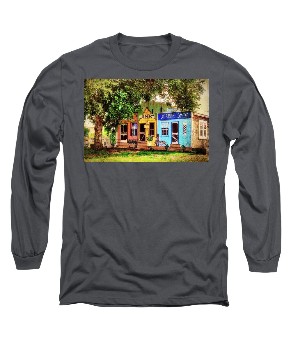 Wild West Long Sleeve T-Shirt featuring the mixed media Wild West buildings Fort Sumner, New Mexico by Tatiana Travelways