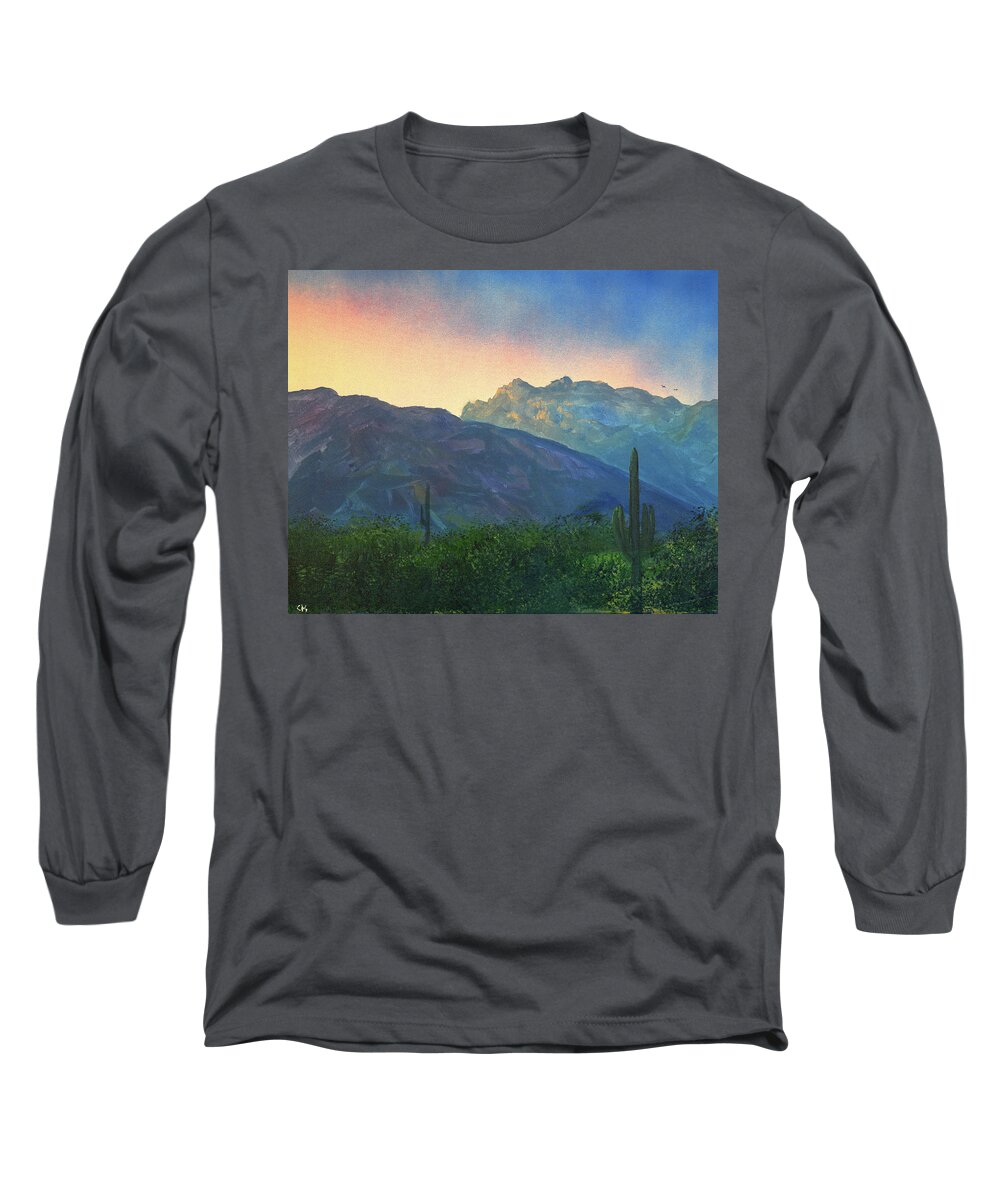 Catalina Mountains Long Sleeve T-Shirt featuring the painting Window Peak Last Light, Tucson Arizona by Chance Kafka
