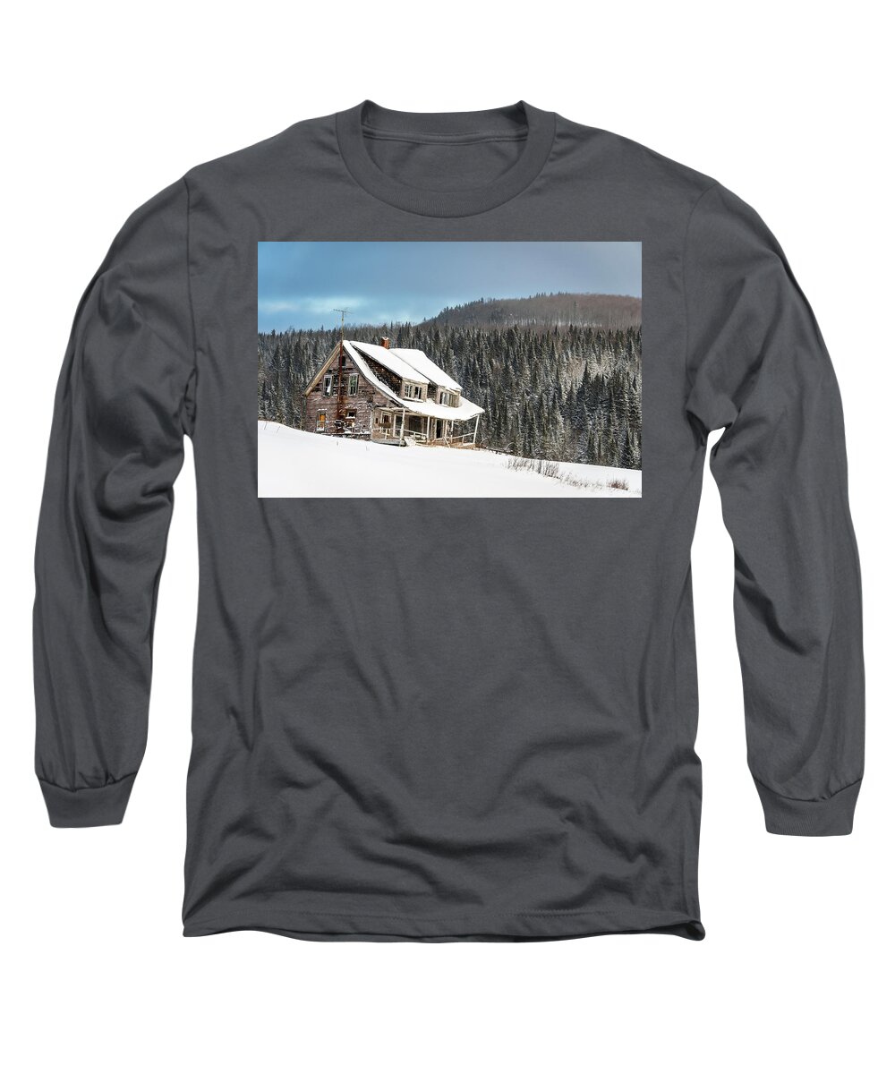 America Long Sleeve T-Shirt featuring the photograph Winter At The Old Farm House Horizontal - Pittsburg, NH by John Rowe