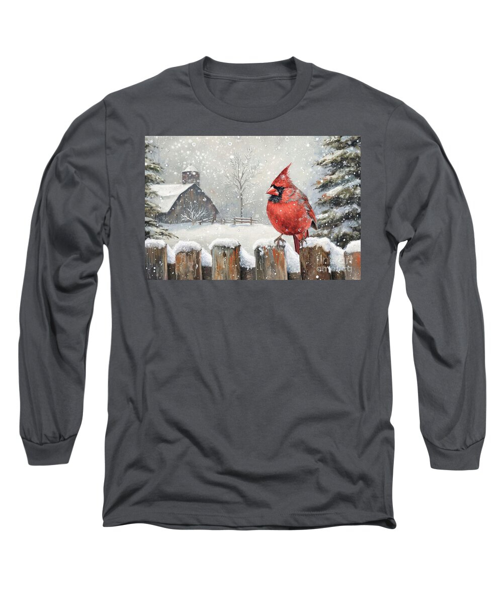 Northern Cardinal Long Sleeve T-Shirt featuring the painting Winter Cardinal by Tina LeCour