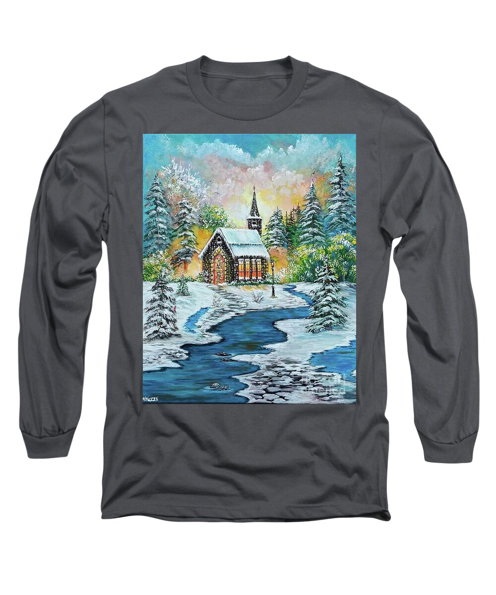 Winter Long Sleeve T-Shirt featuring the painting Winter Church by Bella Apollonia
