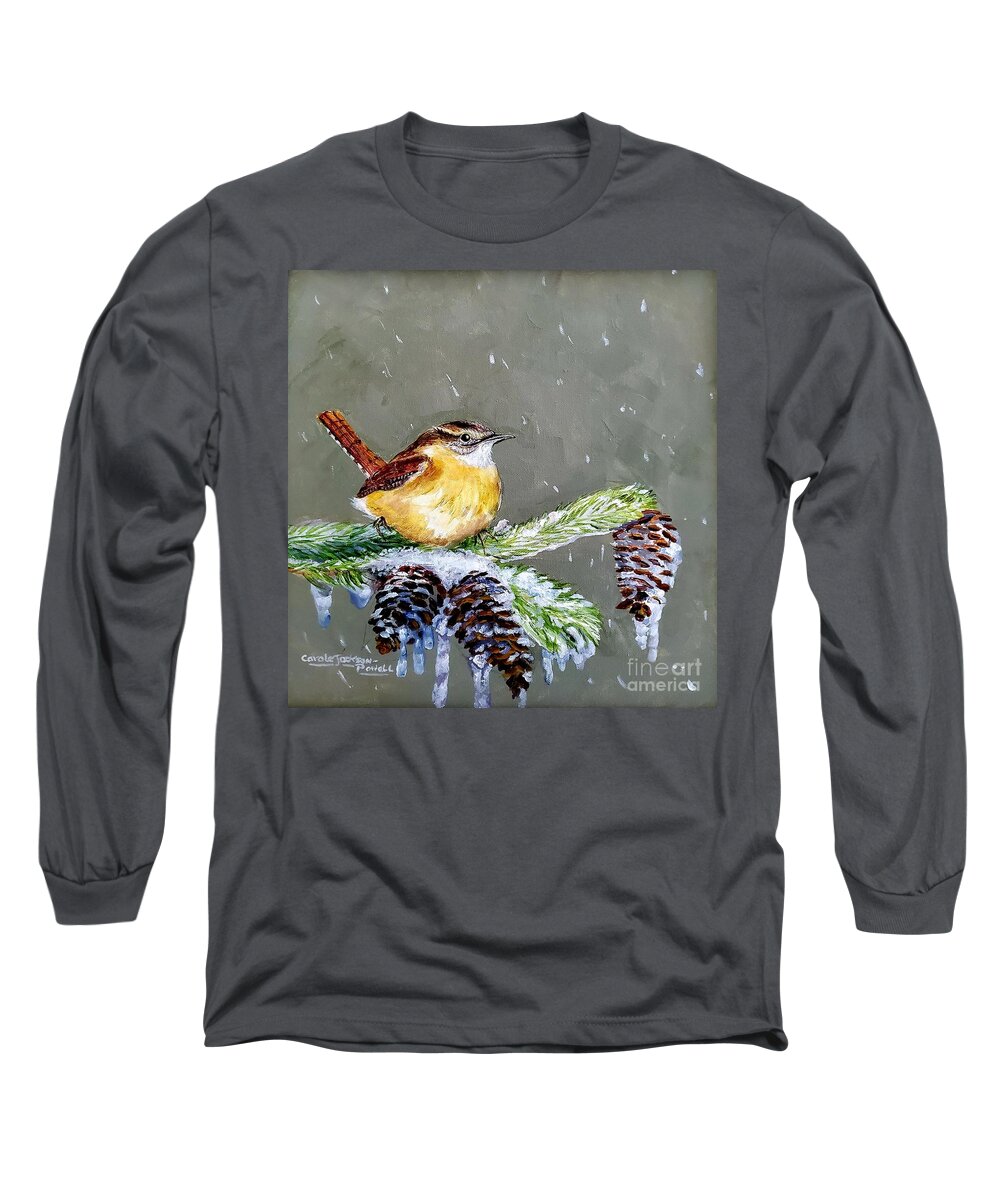 Wren Long Sleeve T-Shirt featuring the painting Winter Wren by Carole Powell