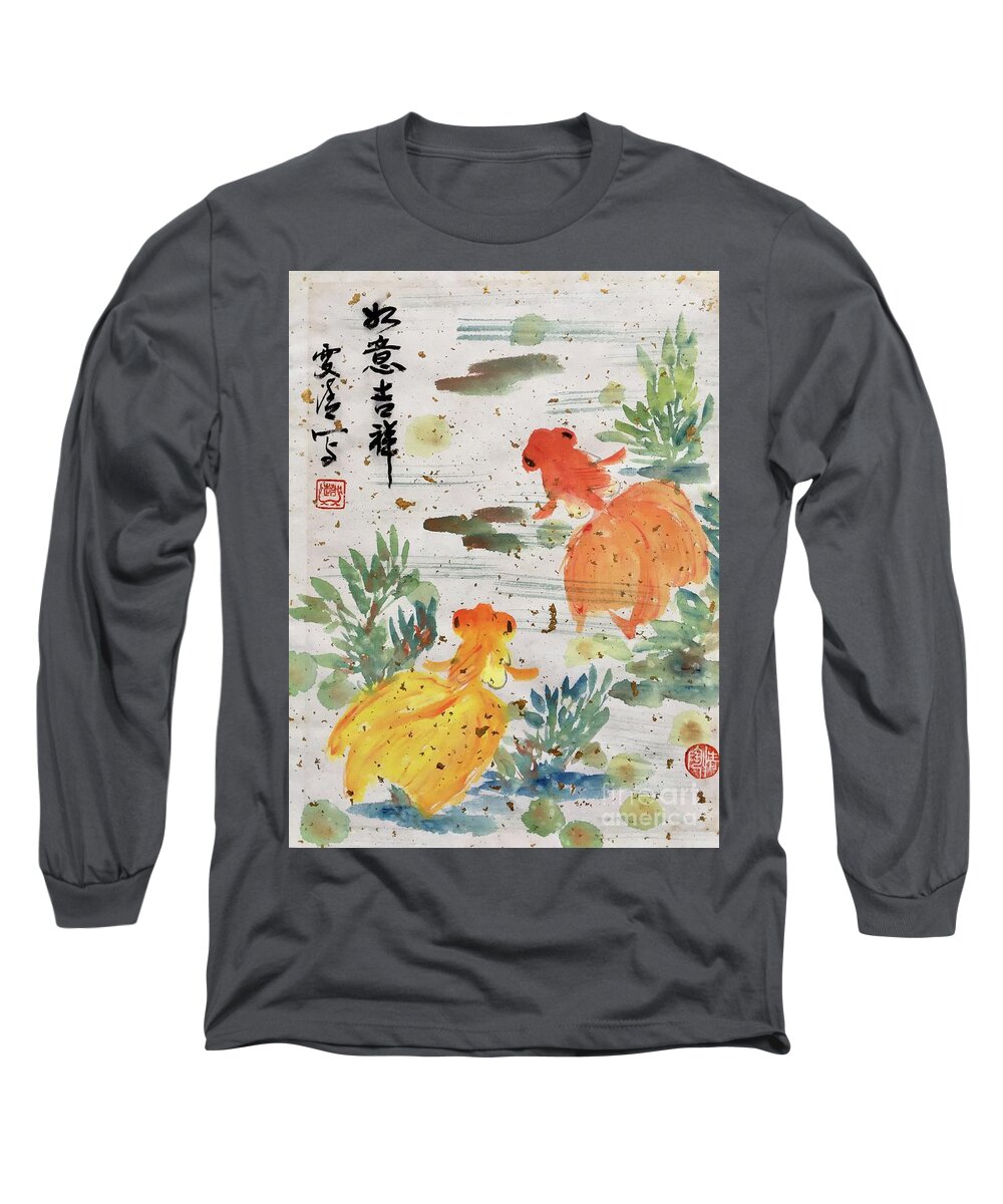 Gold Long Sleeve T-Shirt featuring the painting Wishful and Good Luck by Carmen Lam
