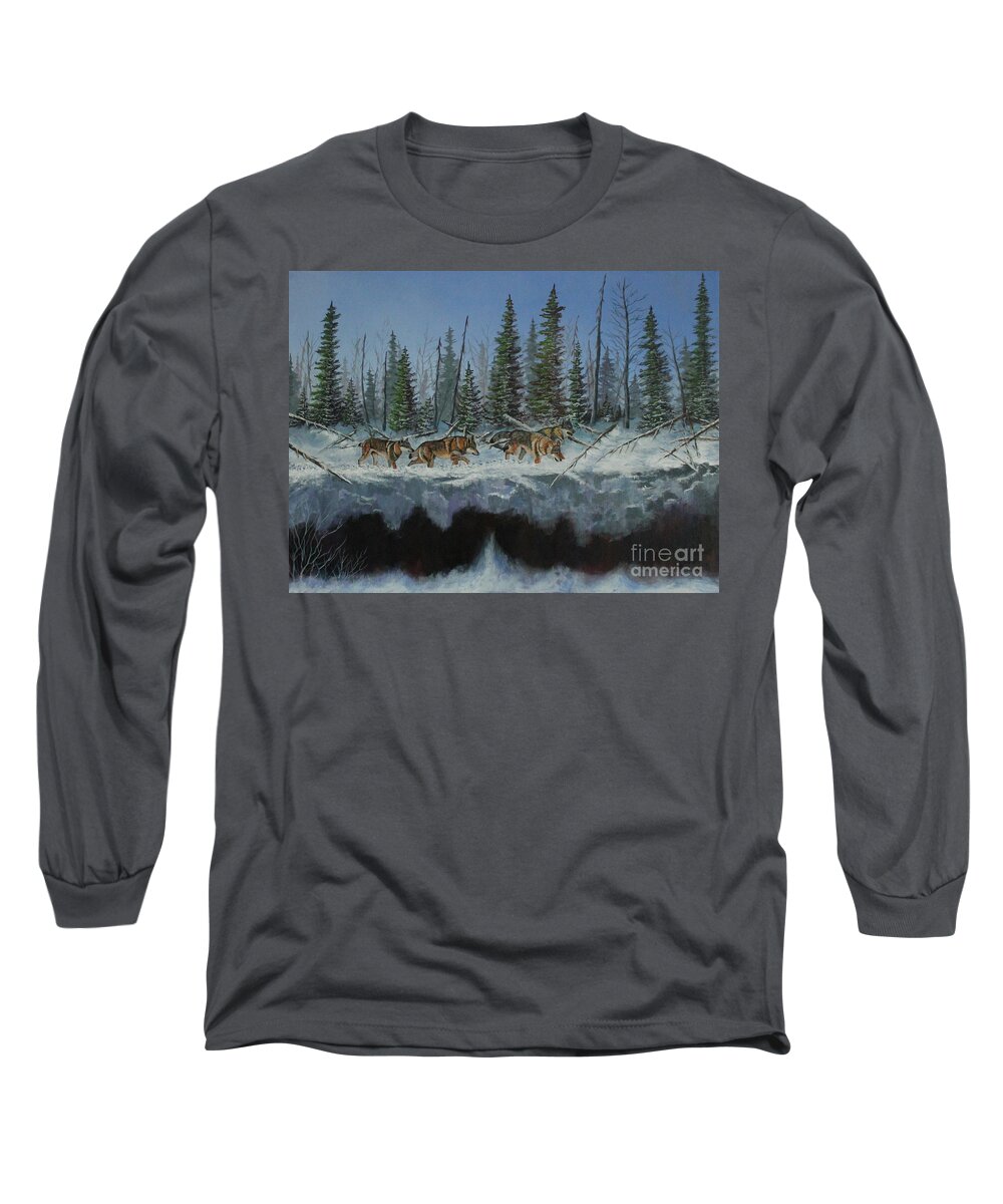 Wolf Long Sleeve T-Shirt featuring the painting Wolves Traversing the Ridgeway by Bob Williams