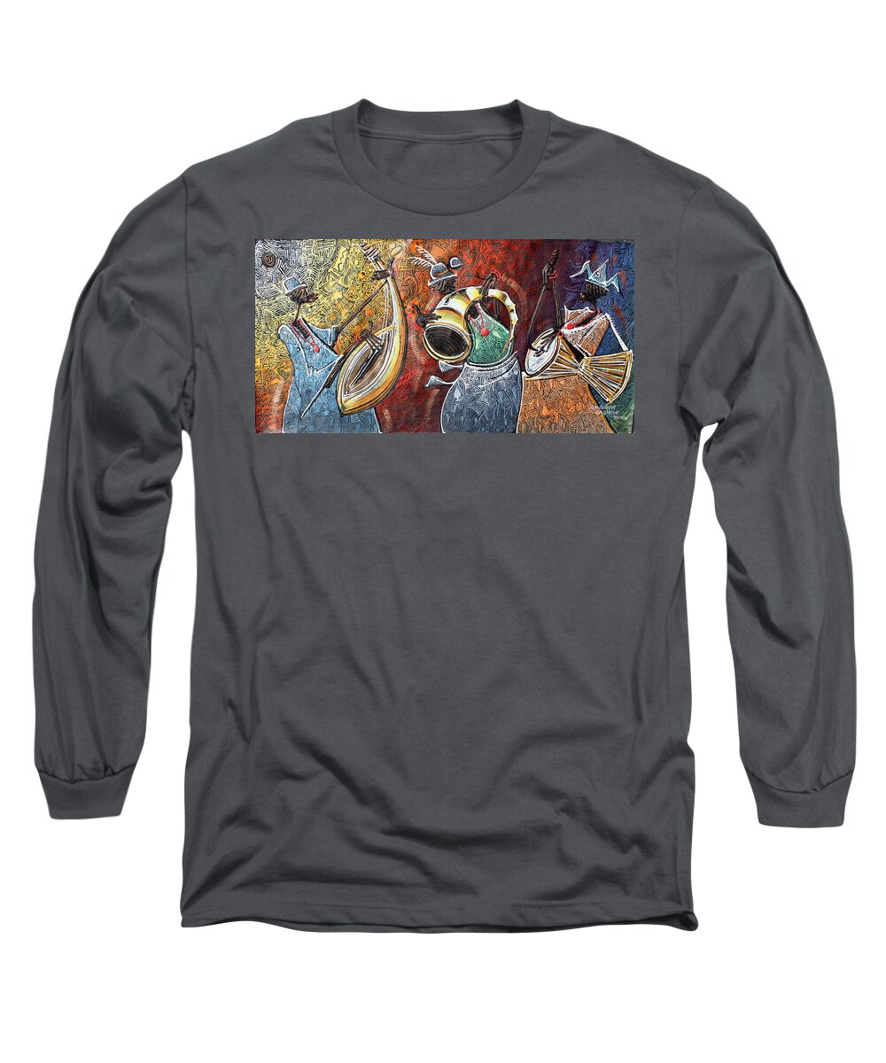 Africa Long Sleeve T-Shirt featuring the painting Yoruba, Hausa, Ibo Musicians #1 by Paul Gbolade Omidiran