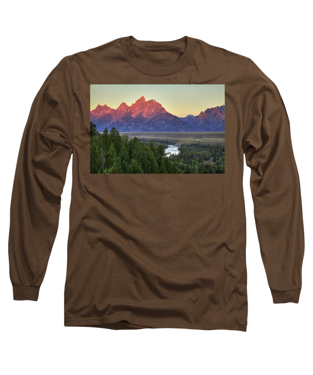 Mountains Long Sleeve T-Shirt featuring the photograph Grand Tetons Morning at the Snake River Overview - 2 by Alan Vance Ley