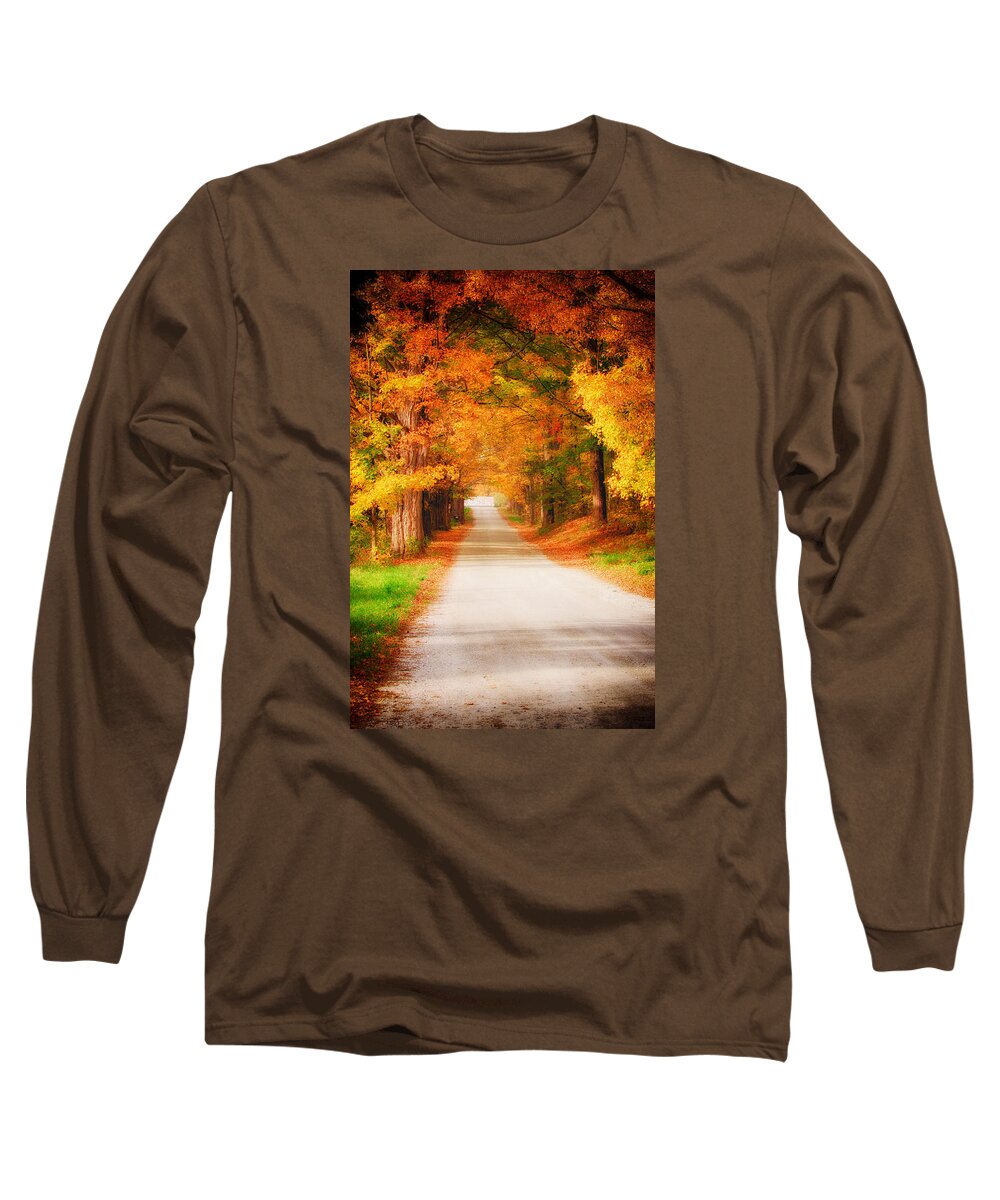 Autumn Foliage New England Long Sleeve T-Shirt featuring the photograph A walk along the golden path by Jeff Folger