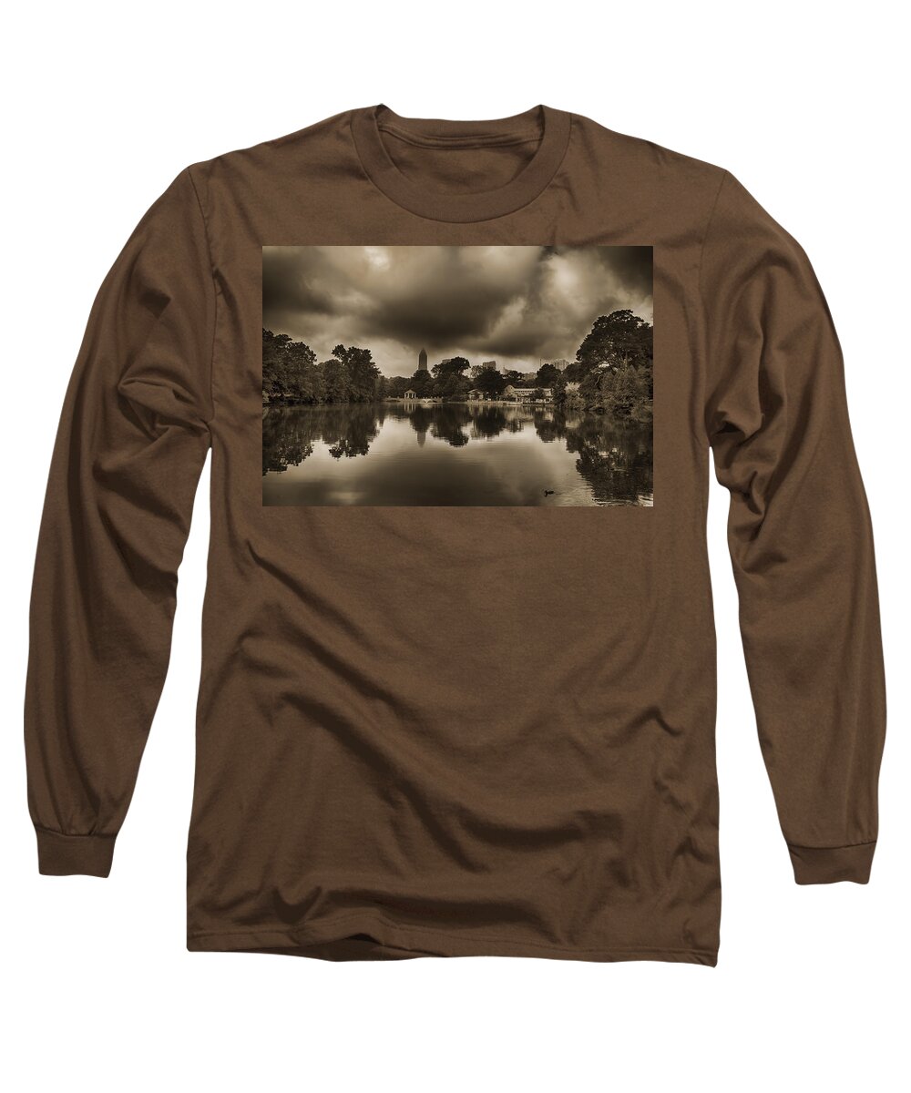 Atlanta Long Sleeve T-Shirt featuring the photograph Atlanta GA Skyline from Piedmont Park-Sepia by Douglas Barnard