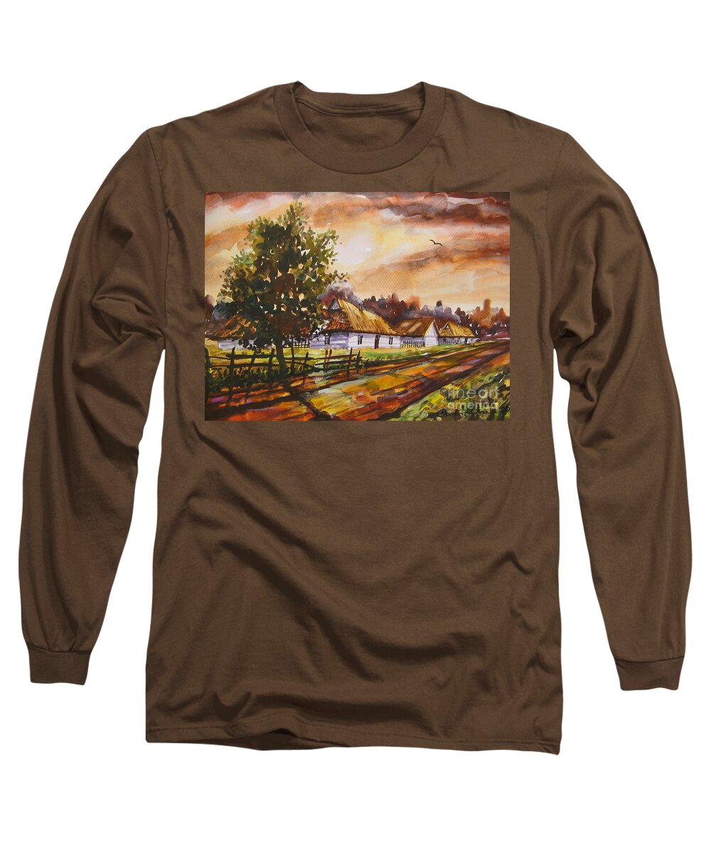 Autumn Cottages Long Sleeve T-Shirt featuring the painting Autumn Cottages by Dariusz Orszulik