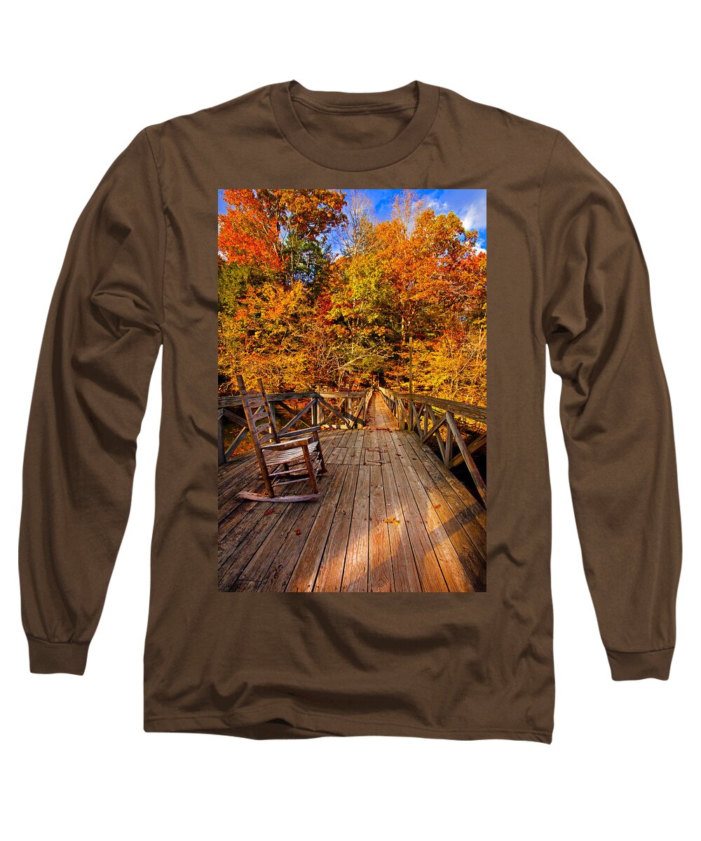 Autumn Leaves Long Sleeve T-Shirt featuring the photograph Autumn Rocking on Wooden Bridge Landscape Print by Jerry Cowart