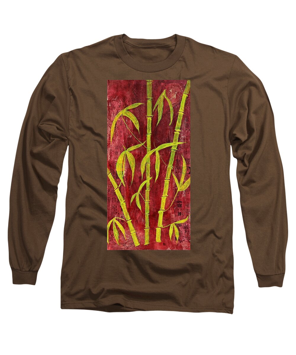 Bamboo On Red Long Sleeve T-Shirt featuring the mixed media Bamboo On Red by Bellesouth Studio