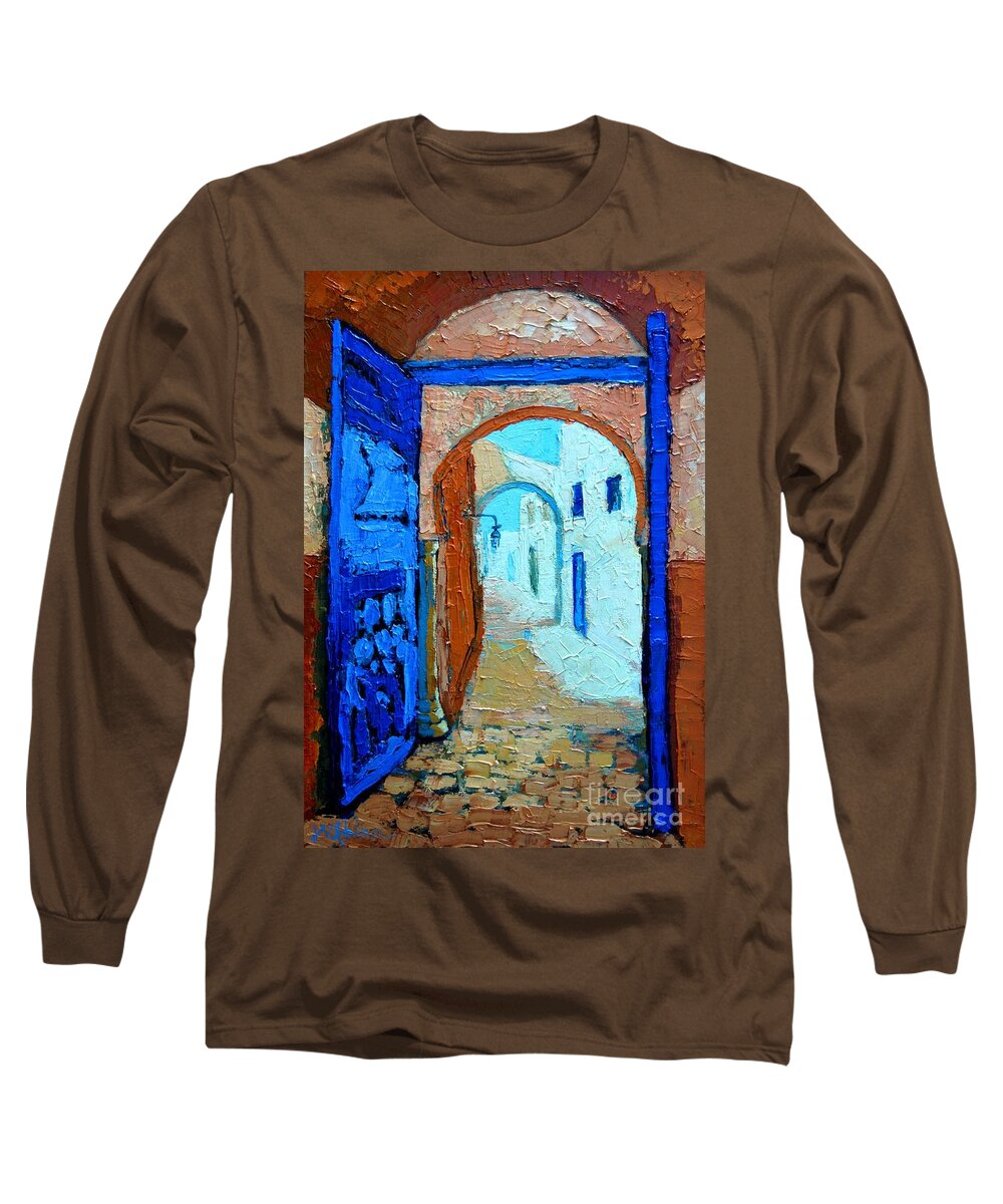 Landscape Long Sleeve T-Shirt featuring the painting Blue Gate by Ana Maria Edulescu
