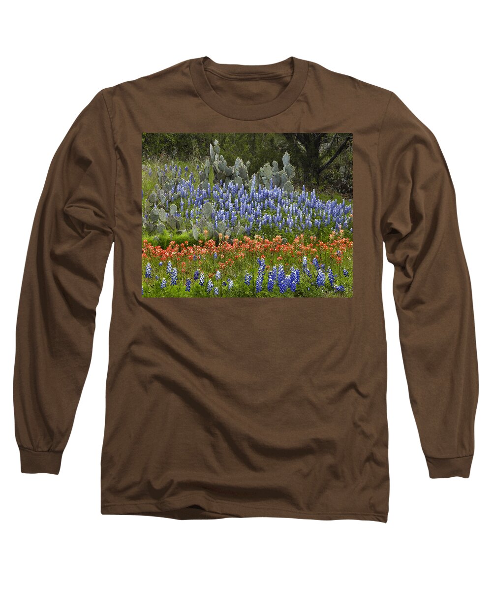 00442674 Long Sleeve T-Shirt featuring the photograph Bluebonnets Paintbrush and Prickly Pear by Tim Fitzharris