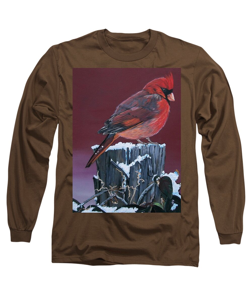 Red Bird Long Sleeve T-Shirt featuring the painting Cardinal Winter Songbird by Sharon Duguay