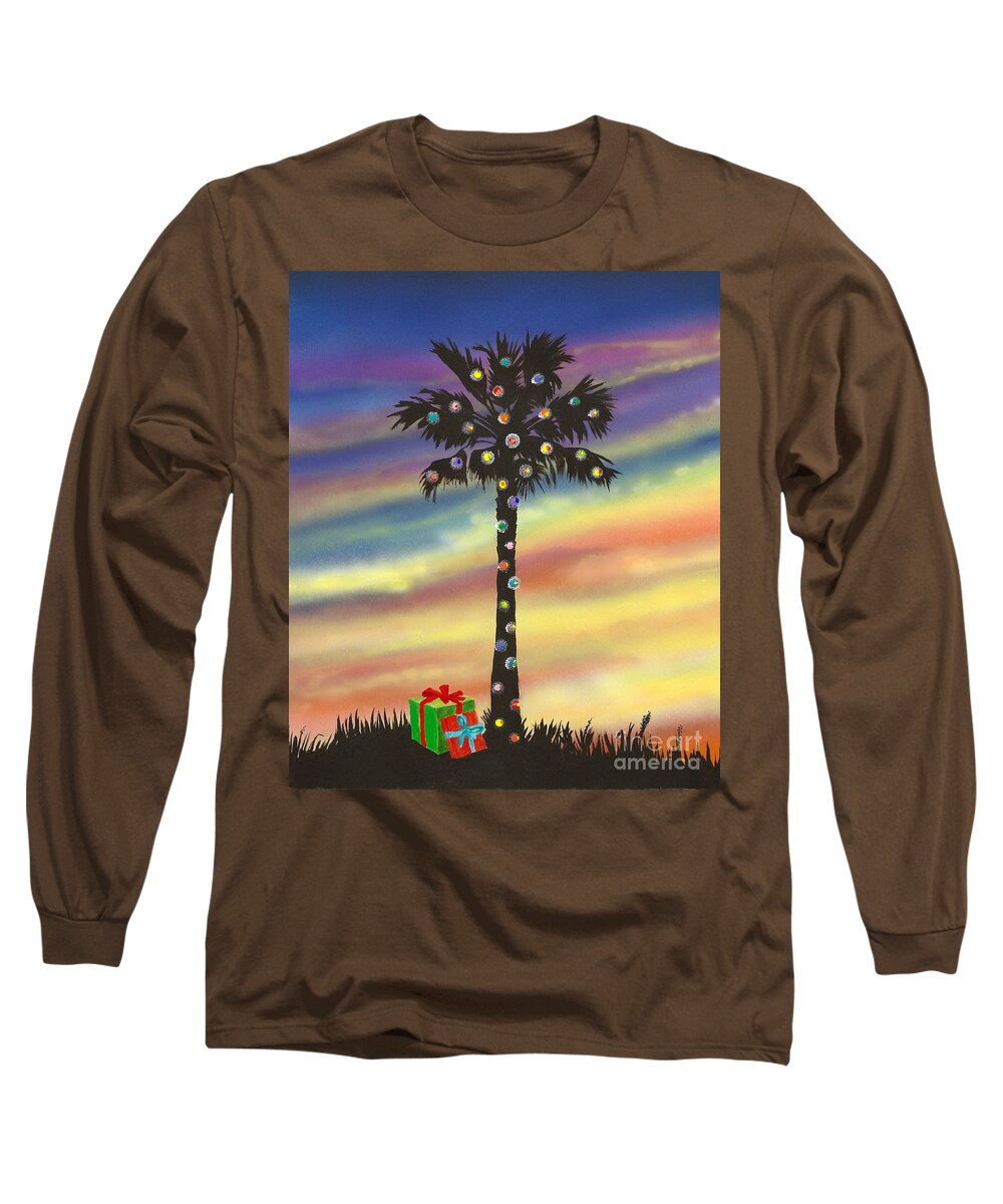 Palm Tree Long Sleeve T-Shirt featuring the painting San Clemente Christmas by Mary Scott