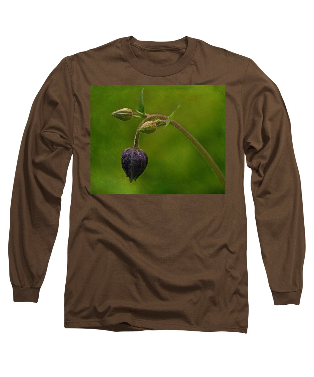 Macro Long Sleeve T-Shirt featuring the photograph Clementine Dark Purple Columbine by Liz Mackney