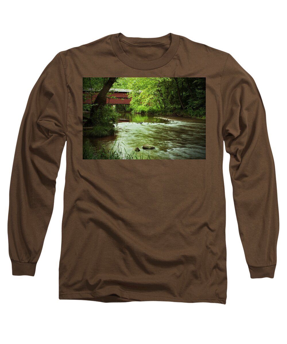 French Creek Long Sleeve T-Shirt featuring the photograph Covered Bridge over French Creek by Michael Porchik