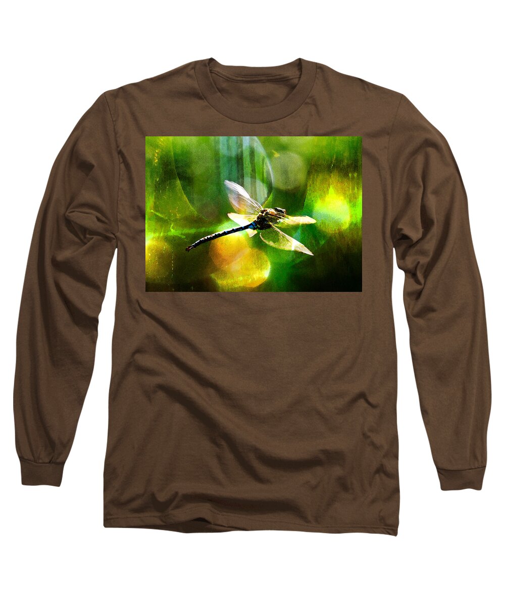Dragonfly Long Sleeve T-Shirt featuring the mixed media Dragonfly In Sunlight - Yellow Sunlight by Marie Jamieson