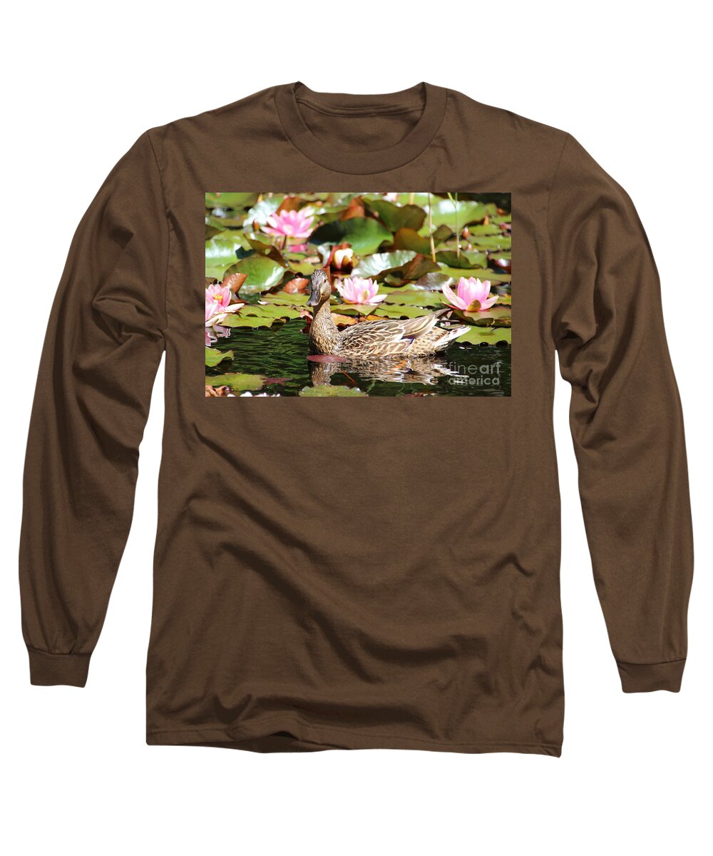 Lilies Long Sleeve T-Shirt featuring the photograph Duck in the Water Lilies by Amanda Mohler