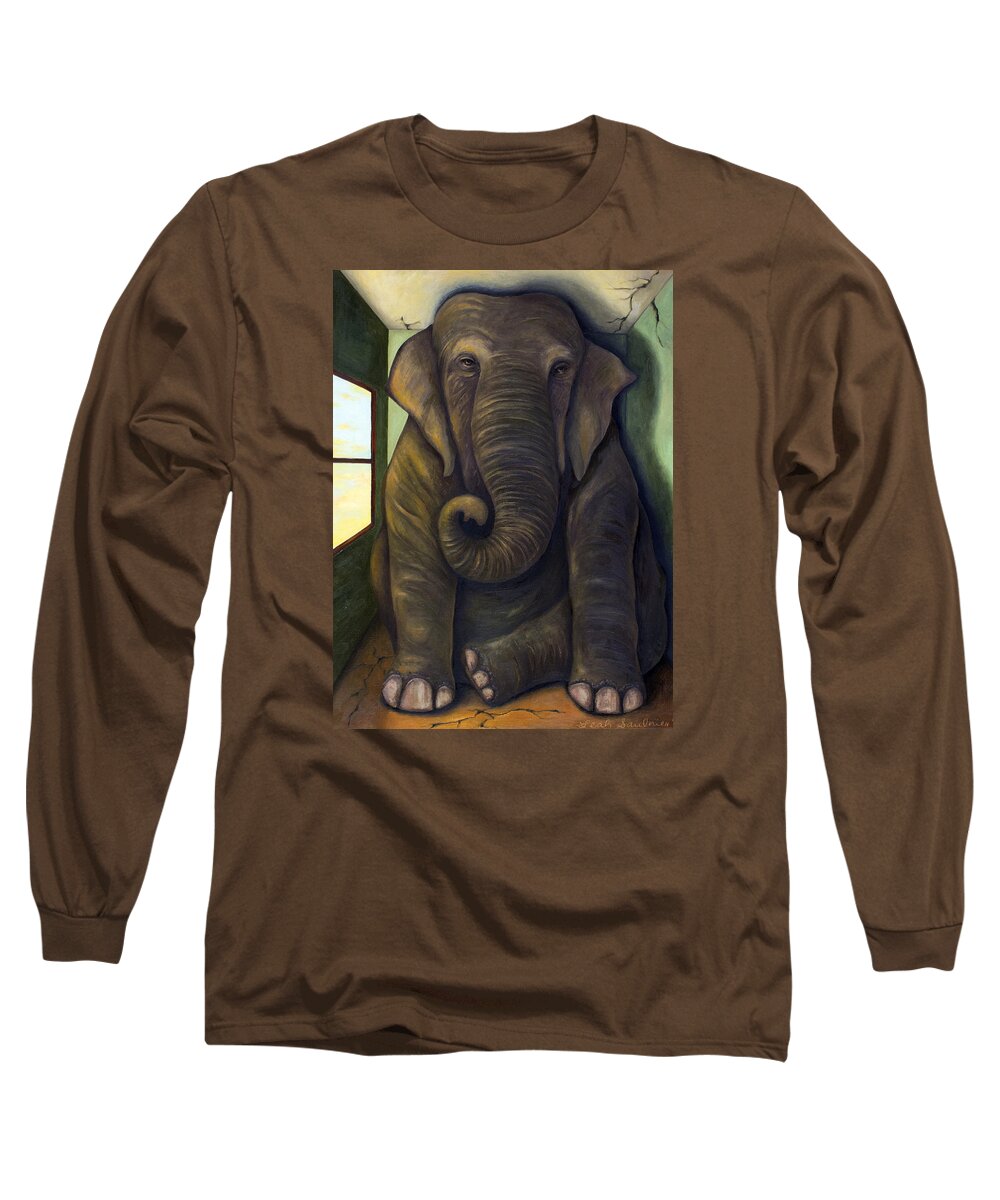 Elephant Long Sleeve T-Shirt featuring the painting Elephant In The Room by Leah Saulnier The Painting Maniac