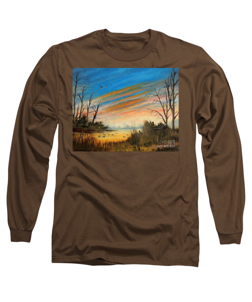 Duck Hunting Long Sleeve T-Shirt featuring the painting Evening Duck Hunt by Bill Holkham