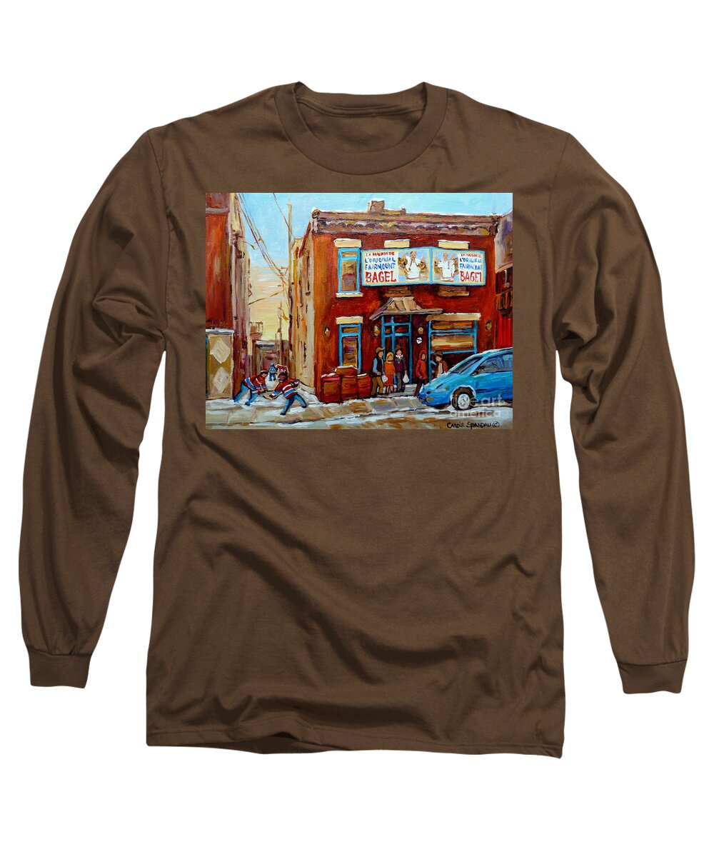 Montreal Long Sleeve T-Shirt featuring the painting Fairmount Bagel In Winter Montreal City Scene by Carole Spandau