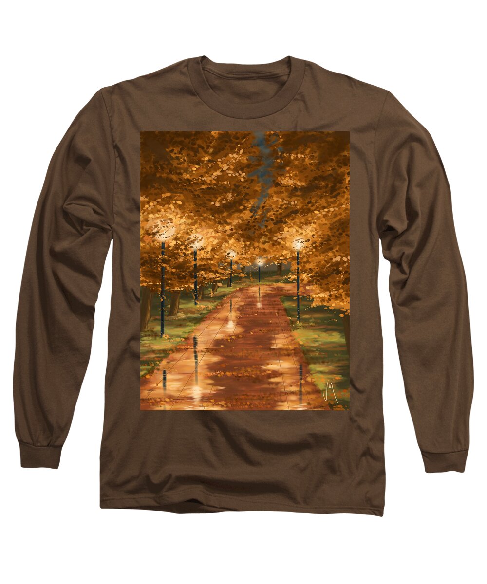 Autumn Long Sleeve T-Shirt featuring the painting Gold reflections by Veronica Minozzi