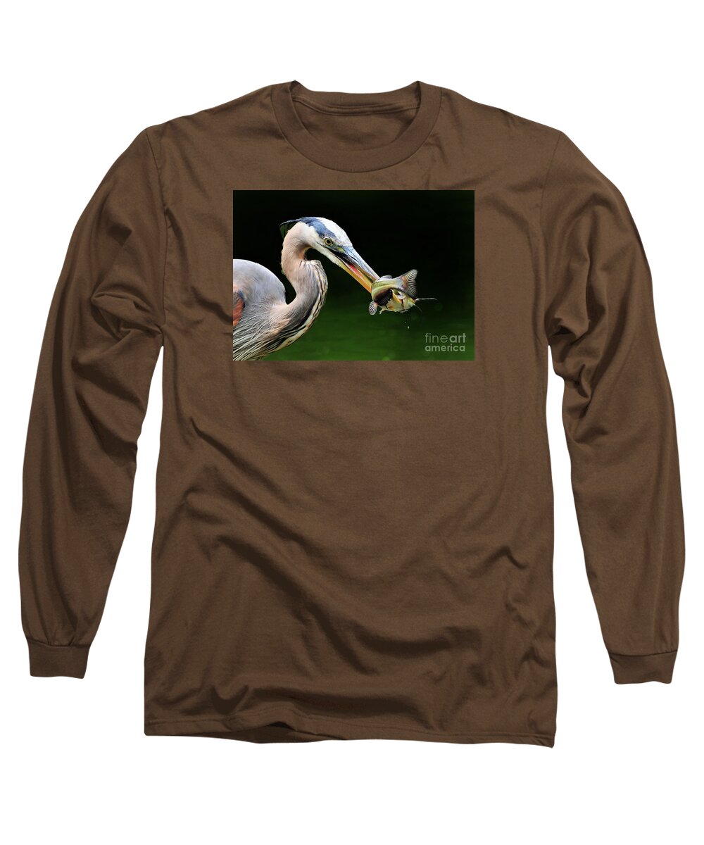 Heron Long Sleeve T-Shirt featuring the photograph Great Blue Heron And The Catfish by Kathy Baccari