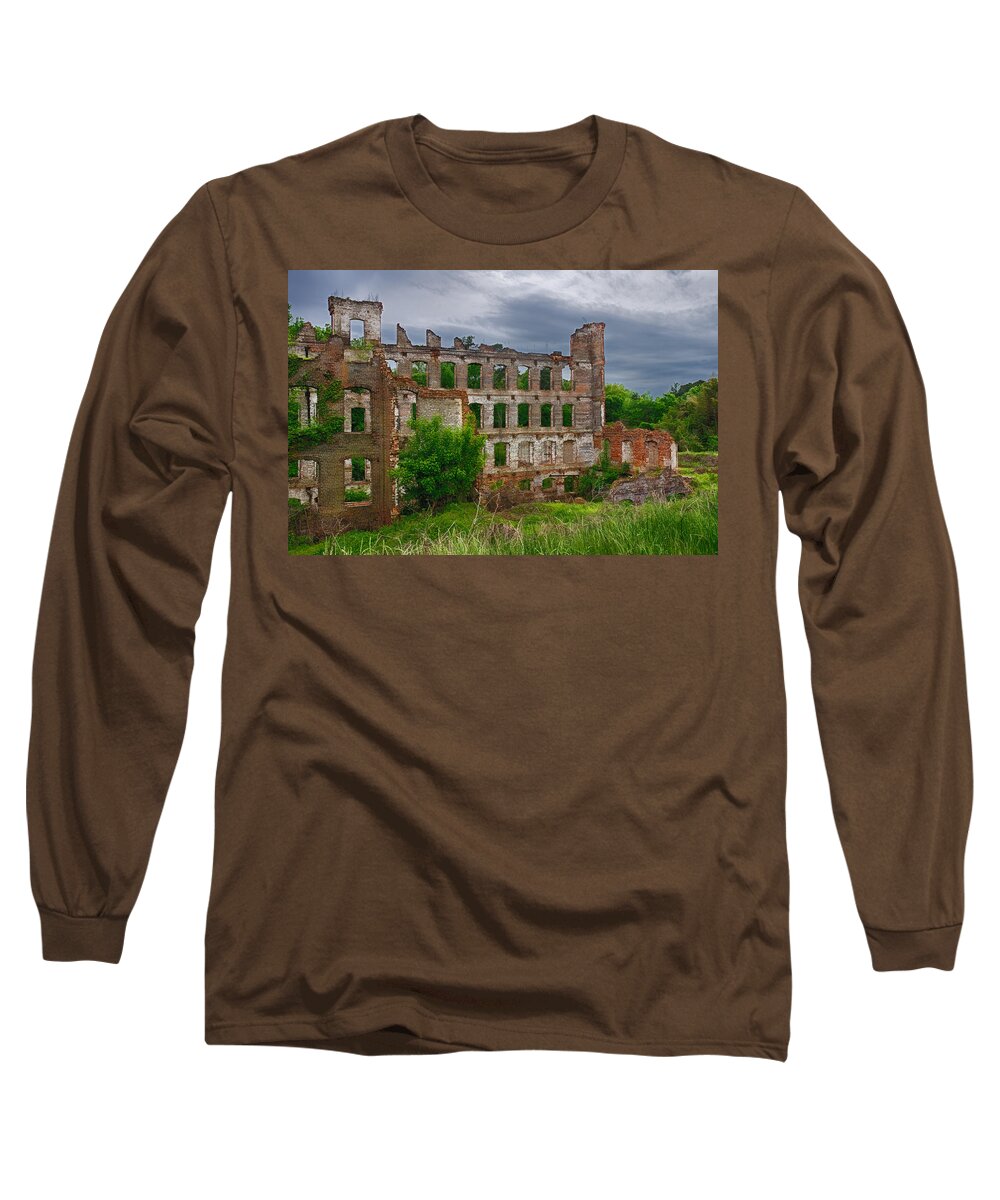 Great Falls Mill Ruins Long Sleeve T-Shirt featuring the photograph Great Falls Mill Ruins by Priscilla Burgers