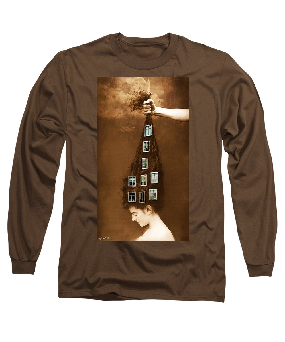 Surreal Long Sleeve T-Shirt featuring the mixed media Les promesses d'une chevelure - Head of Hair Promises by Gianni Sarcone
