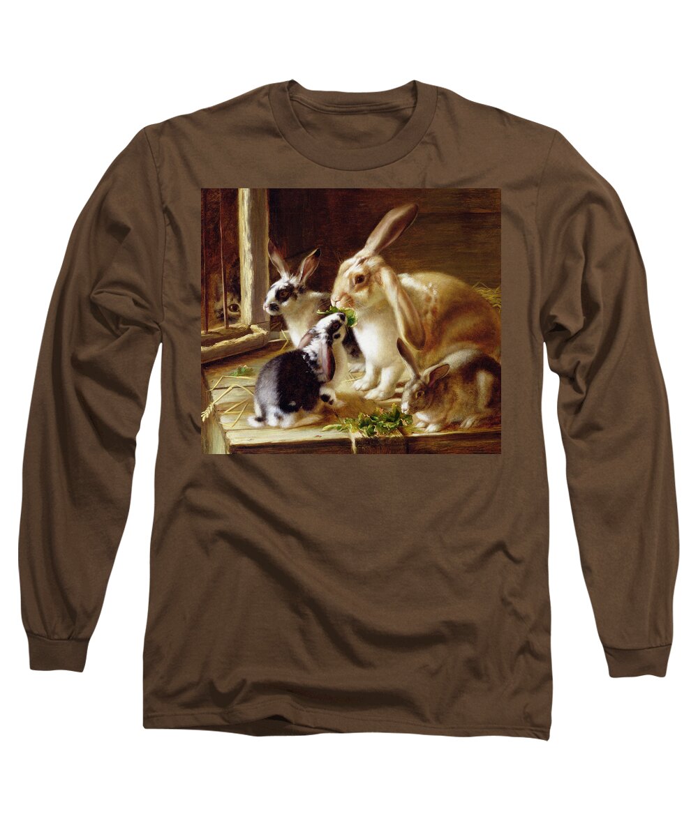 Eating Long Sleeve T-Shirt featuring the painting Long-eared rabbits in a cage watched by a cat by Horatio Henry Couldery