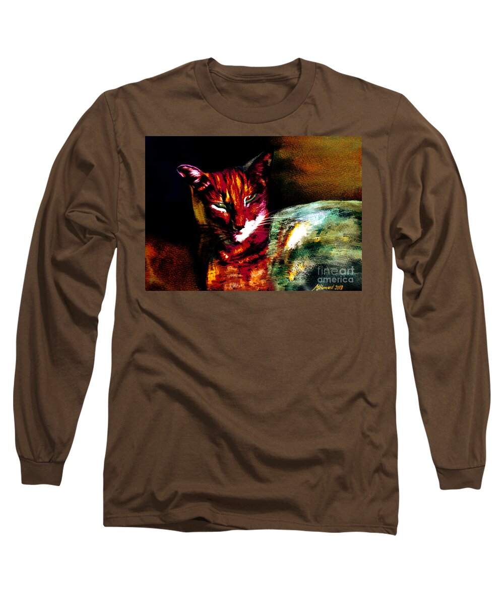 Lucifer Long Sleeve T-Shirt featuring the painting Lucifer Sam Tiger Cat by Martin Howard