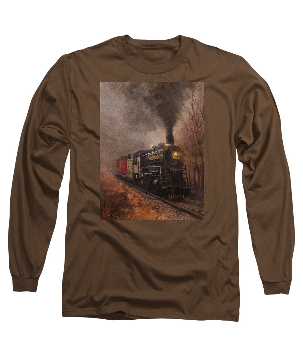 Landscape Long Sleeve T-Shirt featuring the painting Morning Mist Soo Line 1003 by Tom Shropshire