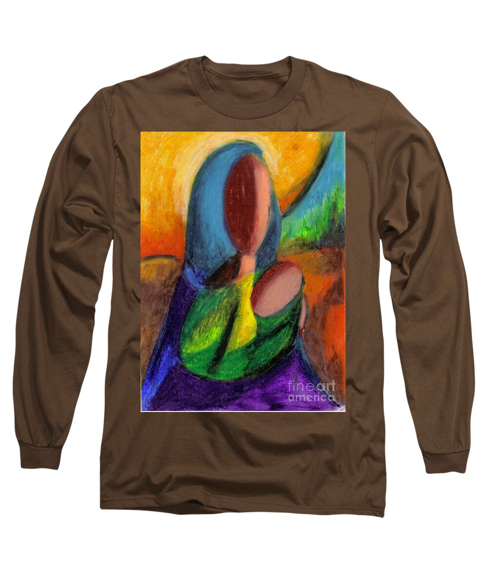 Woman Long Sleeve T-Shirt featuring the pastel Mother and Child by Karen Ferrand Carroll