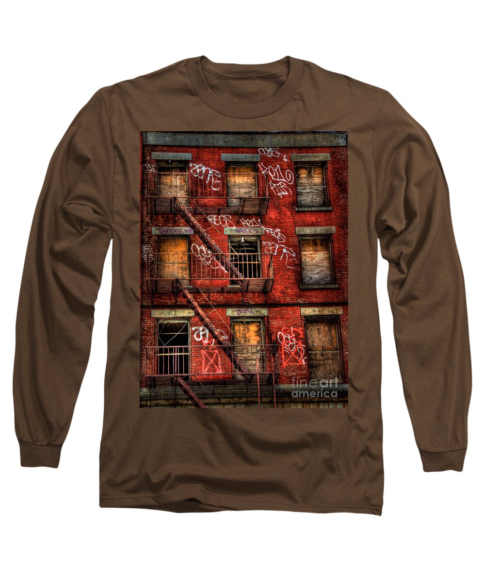 Abandoned Long Sleeve T-Shirt featuring the photograph New York City Graffiti Building by Amy Cicconi