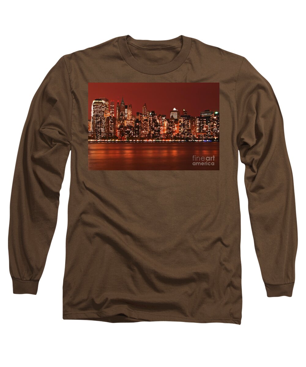 New York City Long Sleeve T-Shirt featuring the photograph New York City Skyline in Red by Sabine Jacobs