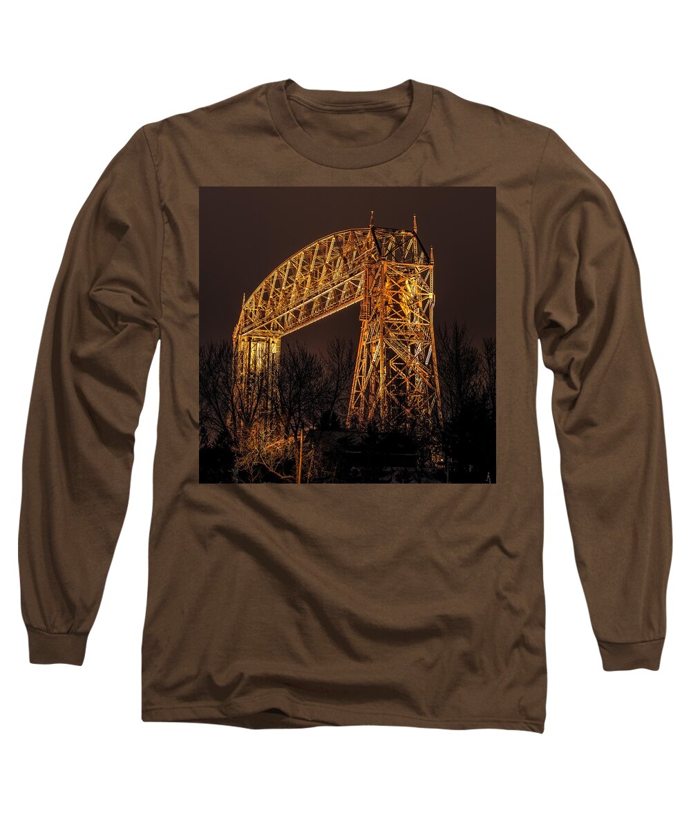 Aerial Long Sleeve T-Shirt featuring the photograph Night At Duluth Aerial Lift Bridge by Paul Freidlund