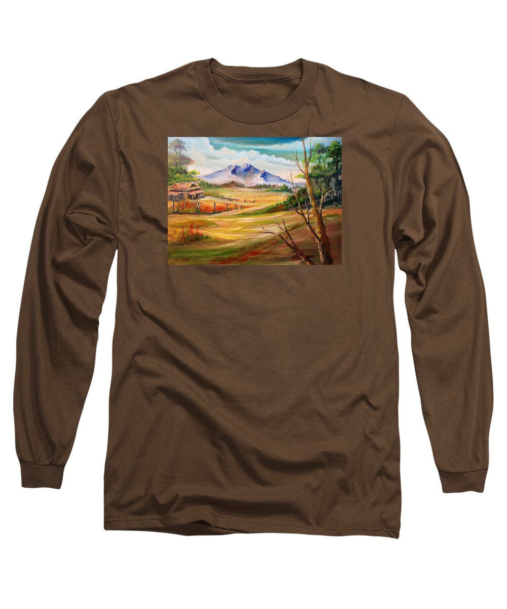 Landscape Long Sleeve T-Shirt featuring the painting Nipa Hut 2 by Remegio Onia