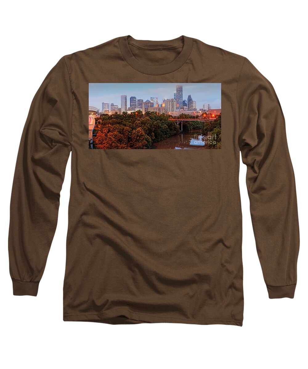 Downtown Houston Skyline Long Sleeve T-Shirt featuring the photograph Panorama of Downtown Houston at Dawn - Texas by Silvio Ligutti