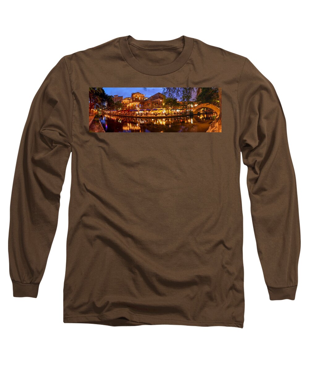 San Long Sleeve T-Shirt featuring the photograph Panorama of San Antonio Riverwalk at Dusk - Texas by Silvio Ligutti