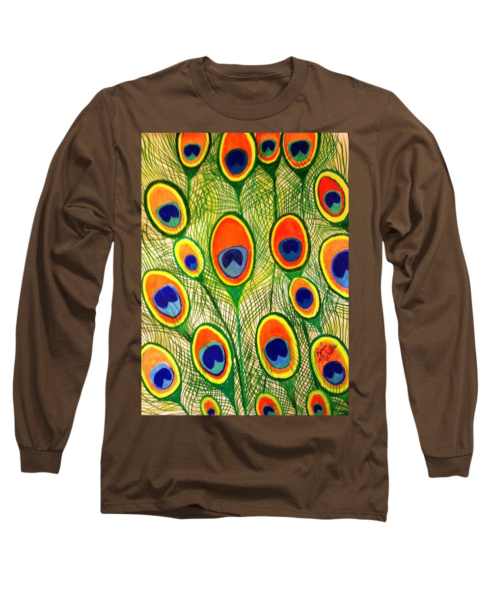 Peacock Feathers Long Sleeve T-Shirt featuring the drawing Peacock Feather Frenzy by Renee Michelle Wenker