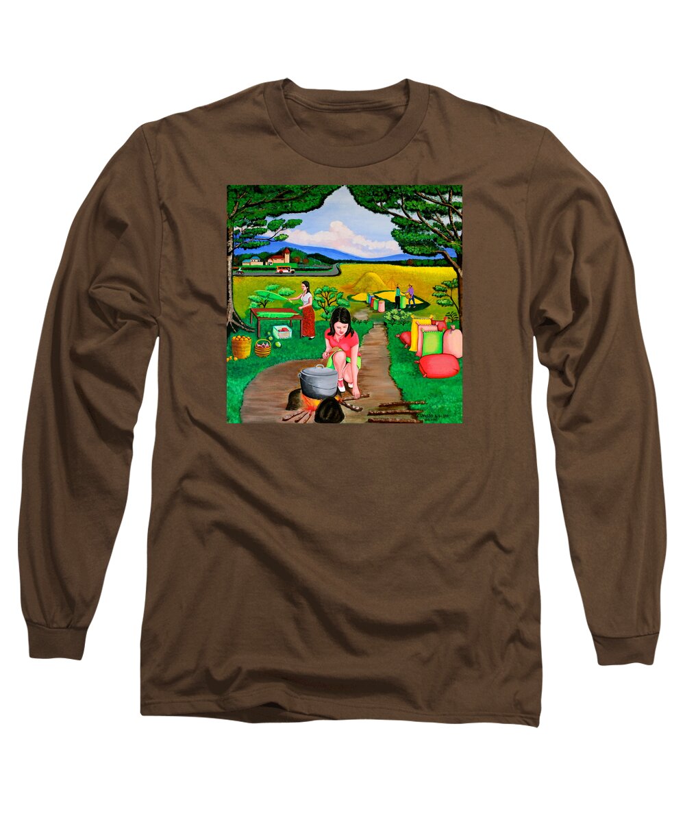 All Products Long Sleeve T-Shirt featuring the painting Picnic with the Farmers by Lorna Maza