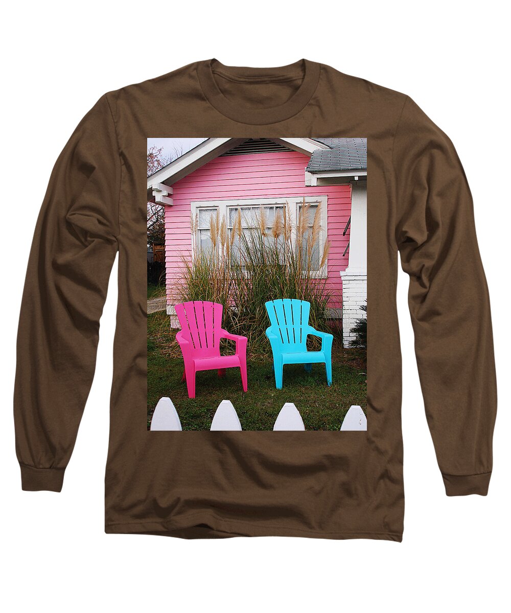 Pink Long Sleeve T-Shirt featuring the photograph Pink and Blue Chairs by Jan Marvin by Jan Marvin