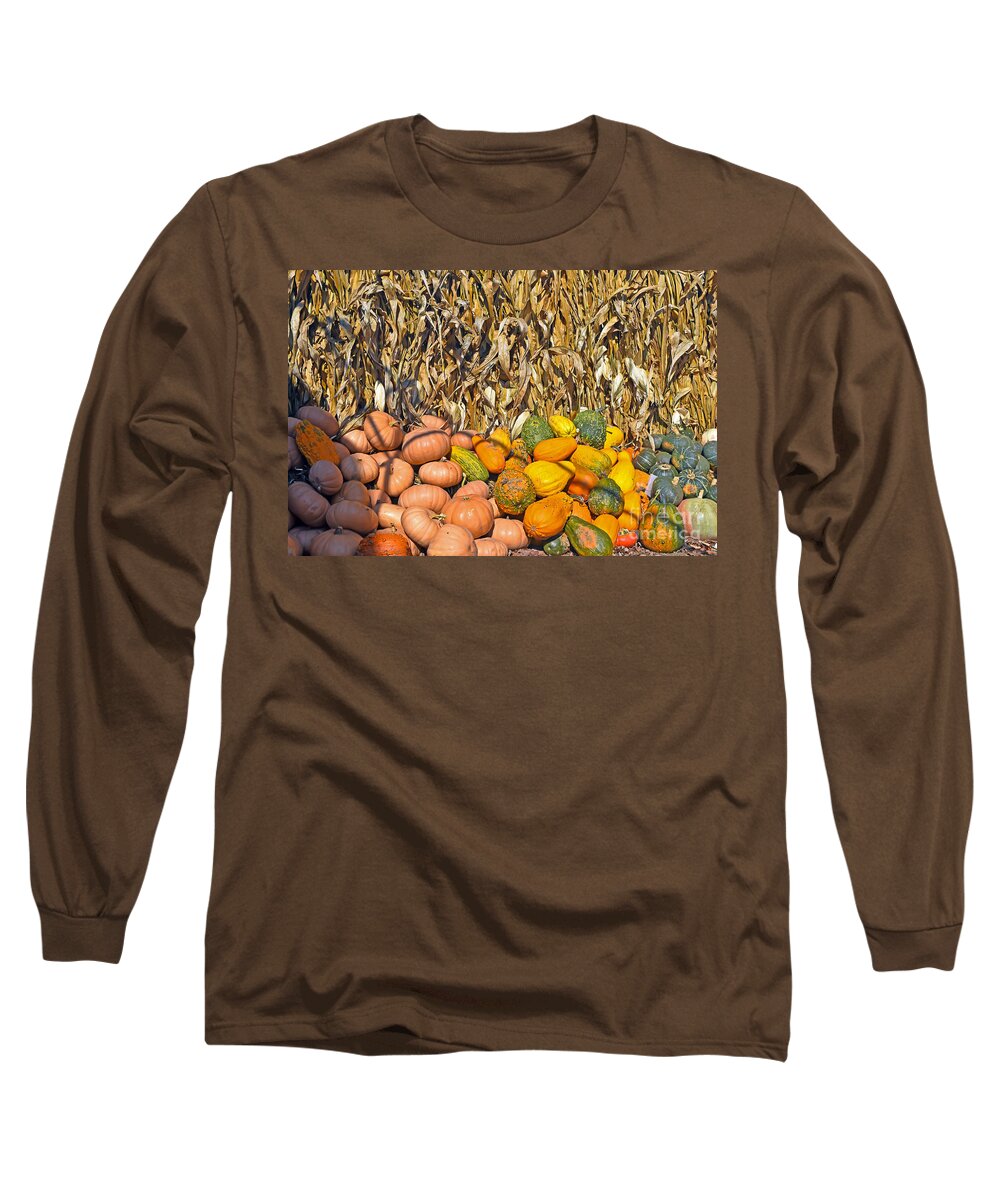 Country Long Sleeve T-Shirt featuring the photograph Pumpkins and corn by PatriZio M Busnel