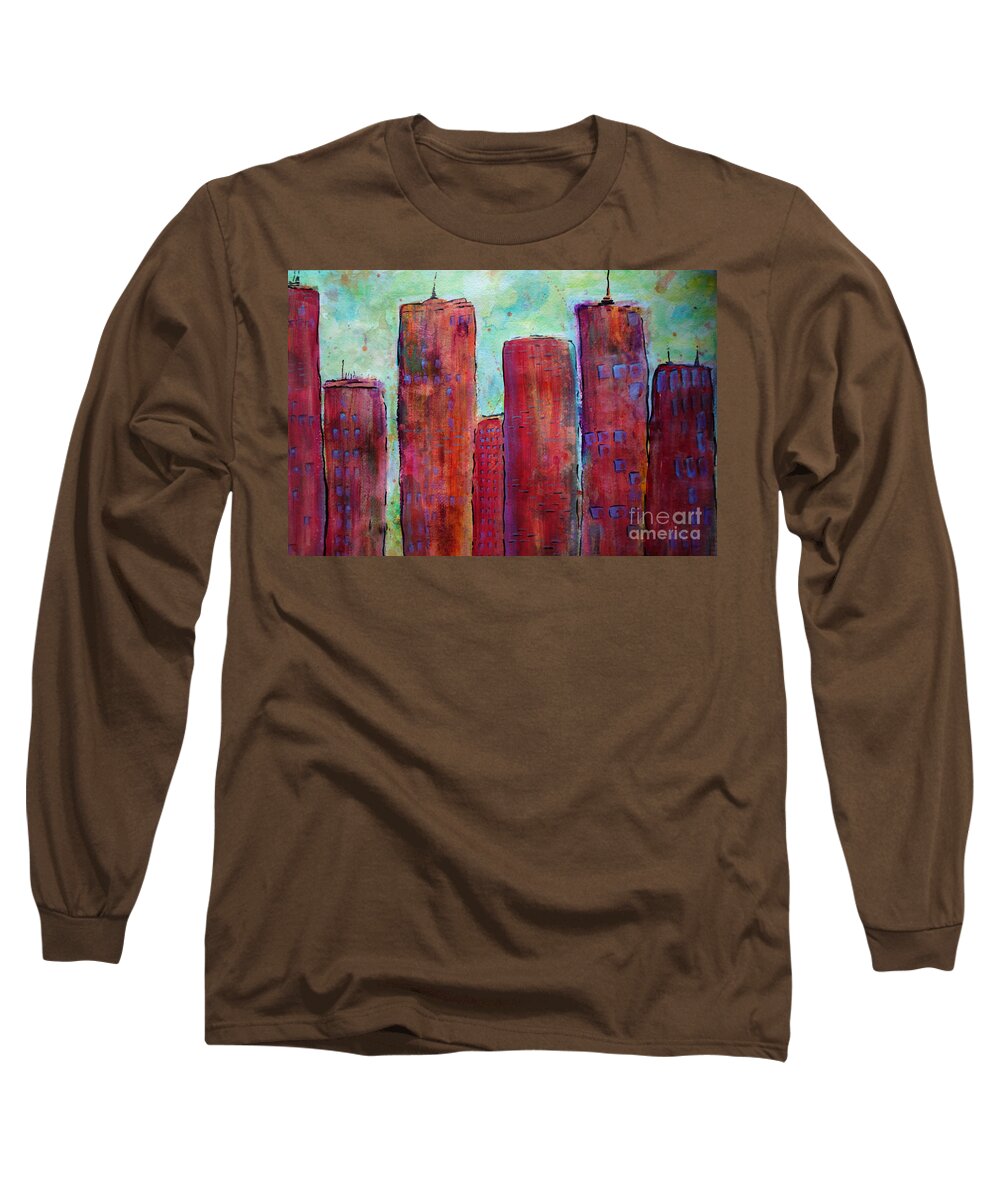 Red In The City Long Sleeve T-Shirt featuring the painting Red In The City by Jacqueline Athmann